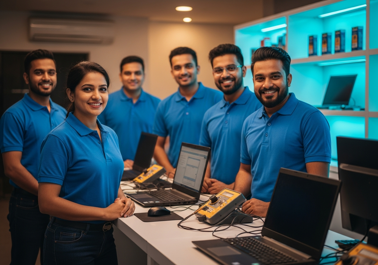 Dalmia Computers technician team welcoming new hires at the service showroom