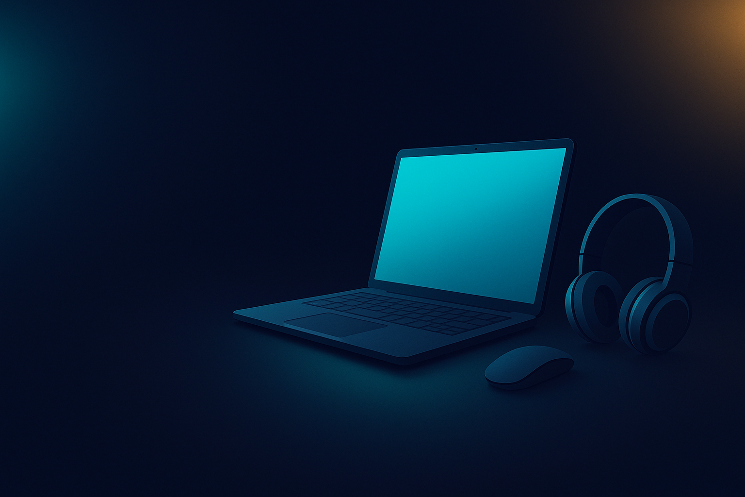Dalmia Computers premium showroom hero: laptop, mouse and headphones on a dark navy backdrop with cyan and gold glow