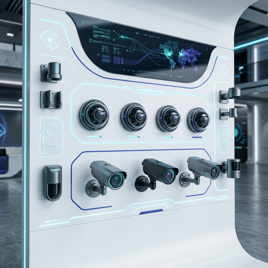 Futuristic CCTV and digital security camera display
