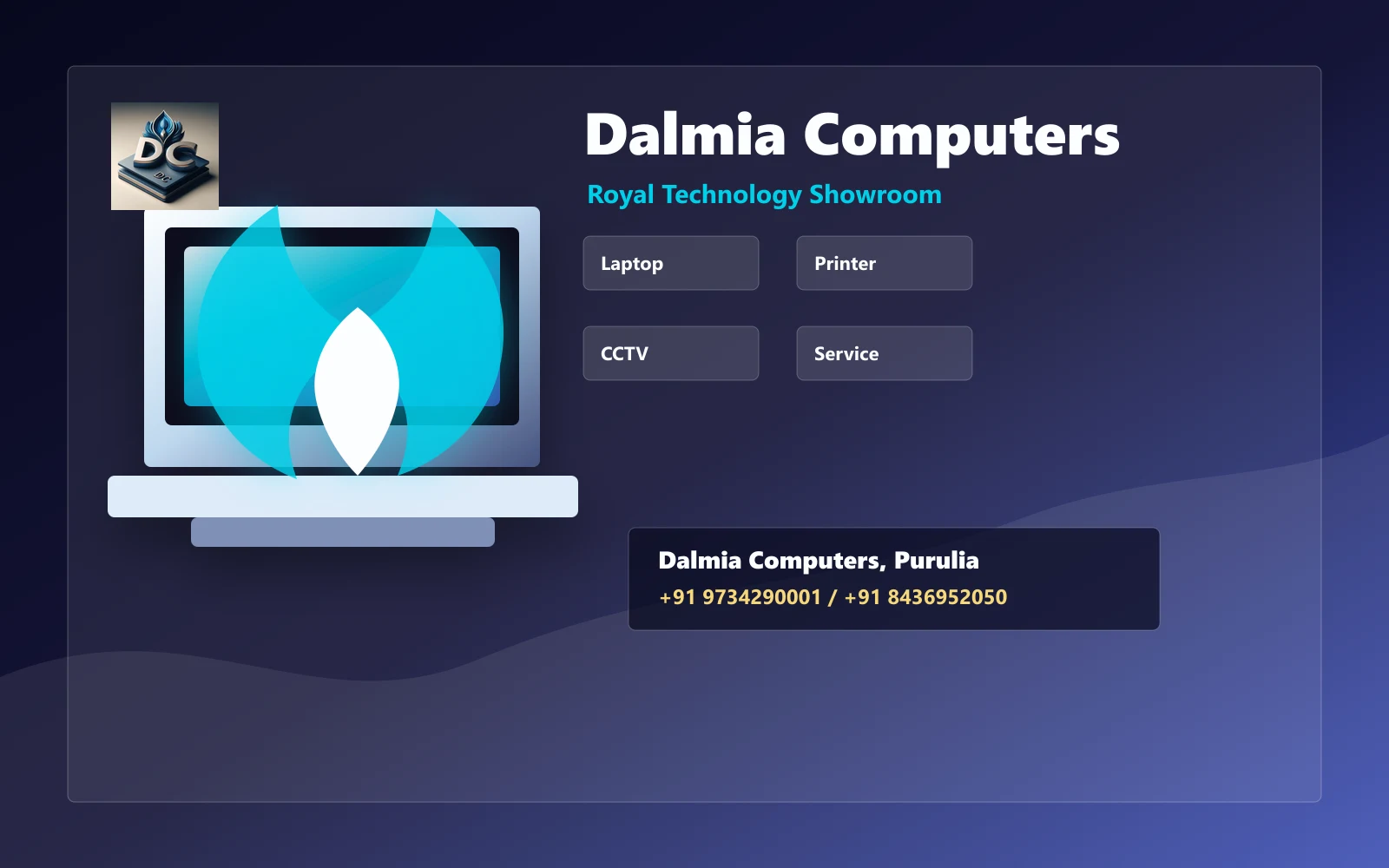 Royal Indigo premium Dalmia Computers showroom with laptop, printer, CCTV and service labels